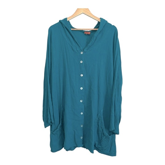 Oh My Gauze! Tops - Oh My Gauze Women's 2 TEAL Blue Cotton Relaxed Hooded Pockets Lagenlook Tunic